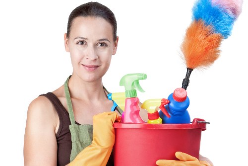 Domestic cleaning tasks in a modern Dulwich flat kitchen